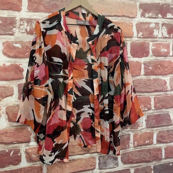 Chicos Shrug Top Women's Large 2 Multicolor Floral Abstract Sheer Blouse Topper - Picture 2 of 8